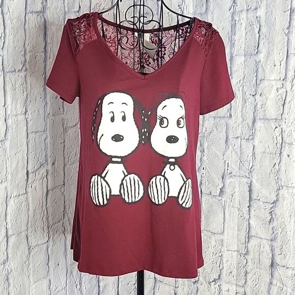 Peanuts Tops - PEANUTS Snoopy Maroon Lace Shirt Medium